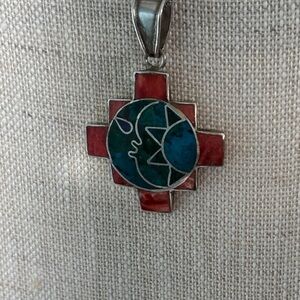 950 Pure Silver Peruvian Cross Turquoise & Orange Necklace Handcrafted